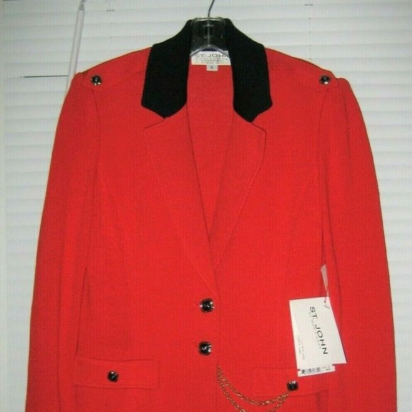 ❤️NWT ST JOHN Marie Gray Santana Knit Red Navy Chain Evening Blazer SZ 6 $860 - Picture 1 of 7